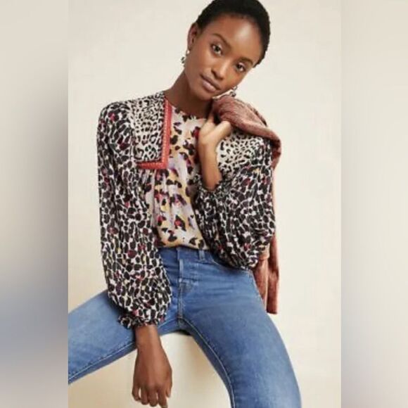 Anthropologie Bl^nk London JOELLE leopard print braid trim viscose boho top. Sm - Picture 2 of 9